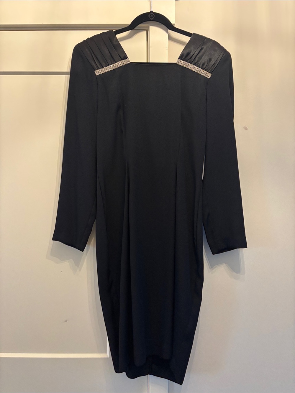 Black Long-Sleeve Cocktail Dress with Pleated Shoulder and Trim